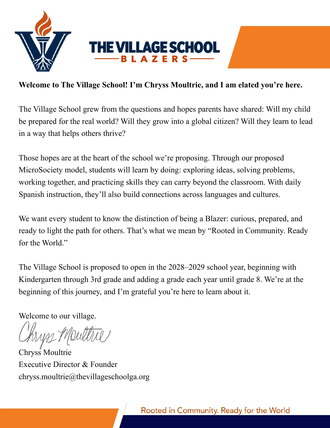 The Village School founder's welcome letter from Chryss Moultrie, Executive Director & Founder.