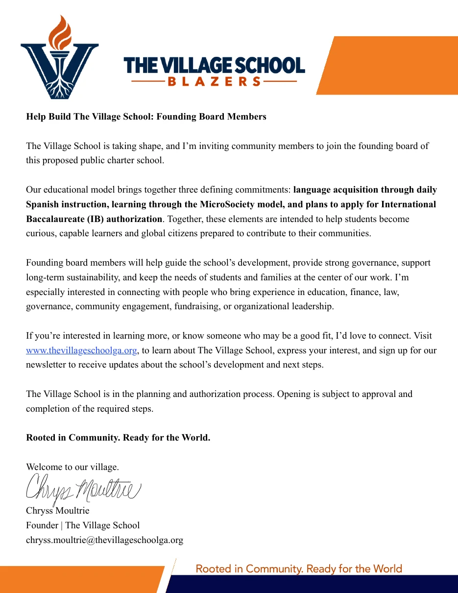 Founding Board Search (PDF): The Village School is taking shape, and our founder is inviting community members to join the founding board of this proposed public charter school.