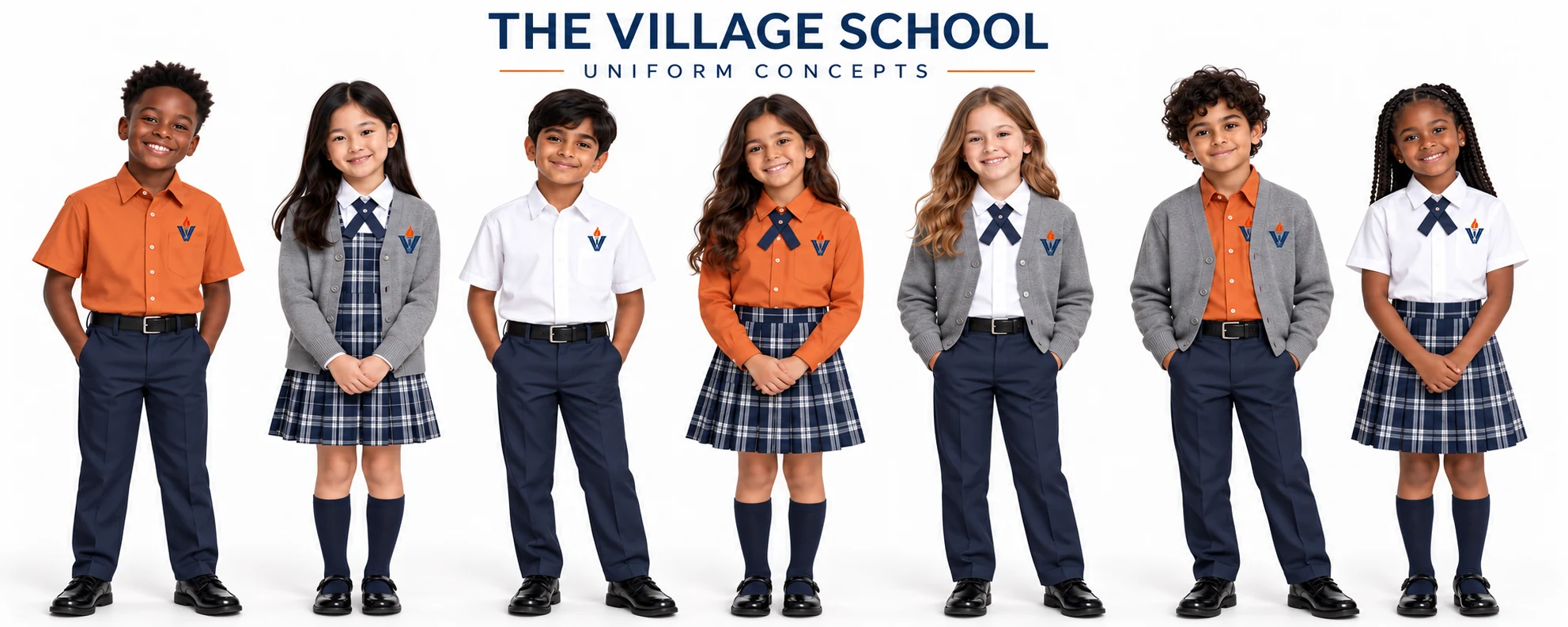 The Village School uniform concepts: students in orange and white button-up shirts with the school emblem, gray cardigans, navy pants, and navy-and-white plaid with navy cross ties.